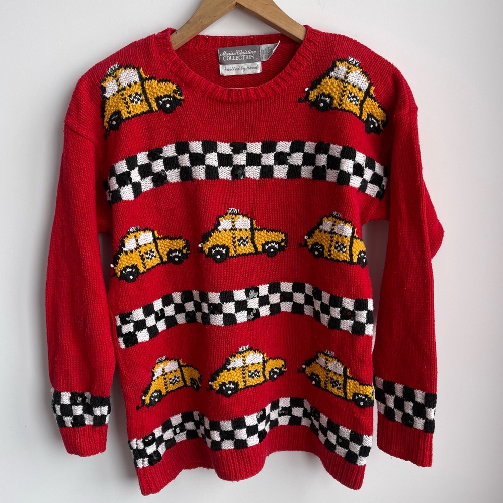 Vintage Marisa Christina Taxi Sweater Red Sequin Checker Knit Size M